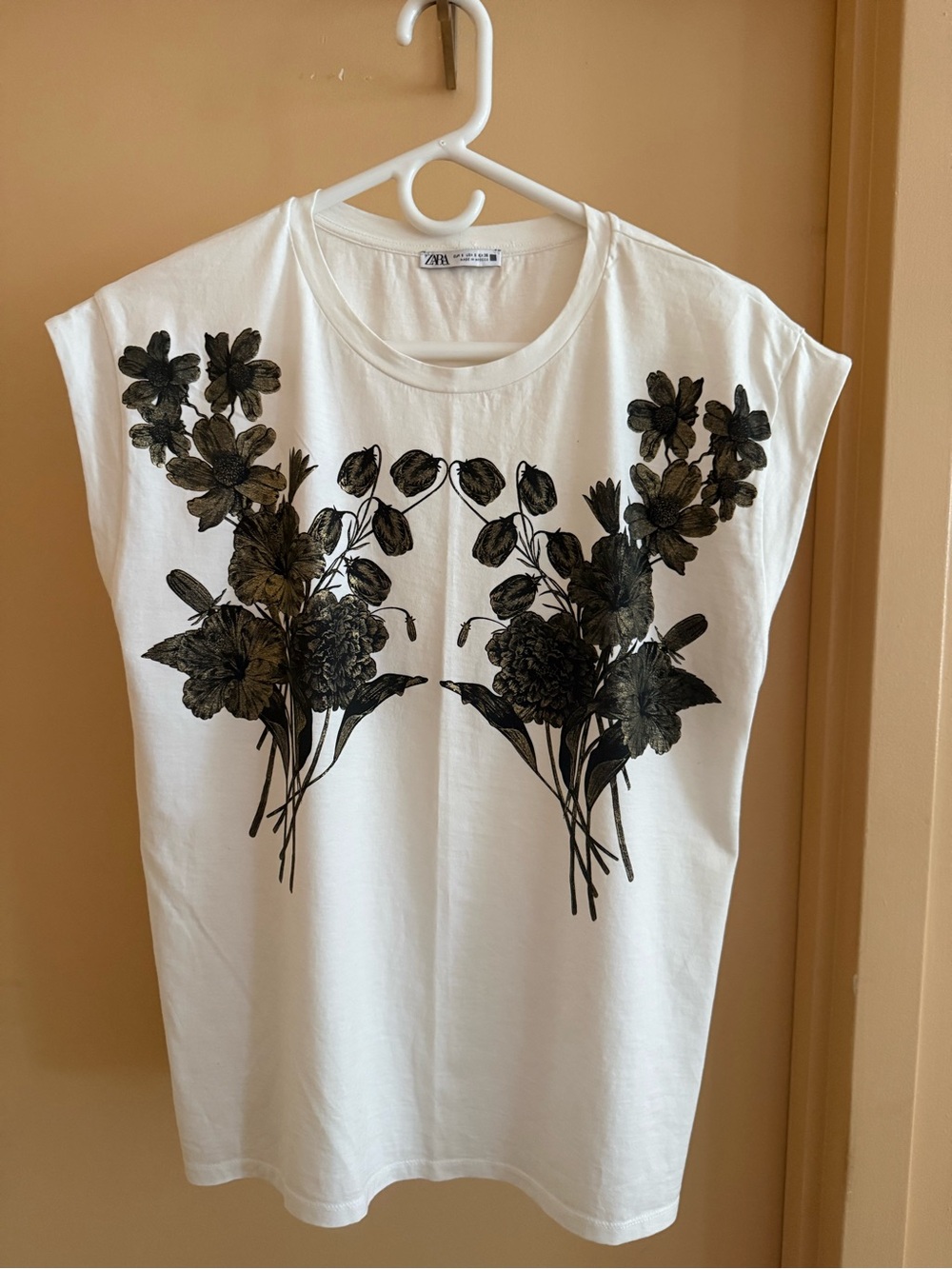 Zara White Muscle Tee with Black and Bronze Metallic Floral Print
